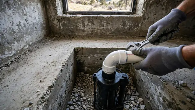 Gloved hands tightening a PVC discharge elbow above a sump pump in a basement pit