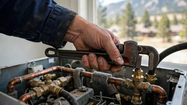 Hand holding a pipe wrench on copper piping and valves inside a boiler cabinet