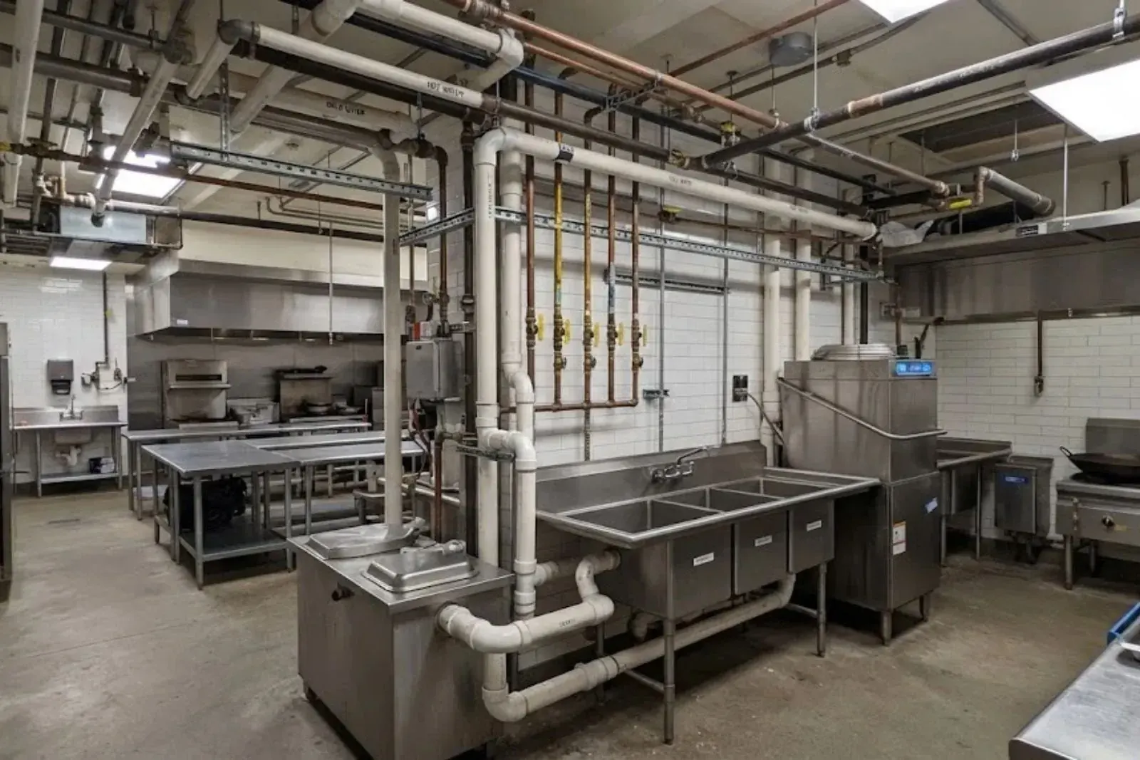 Commercial kitchen with overhead pipe runs, three-compartment sink and floor drains