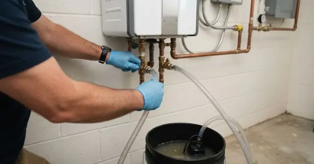 Technician with gloved hands flushing a tankless water heater with hoses into a bucket