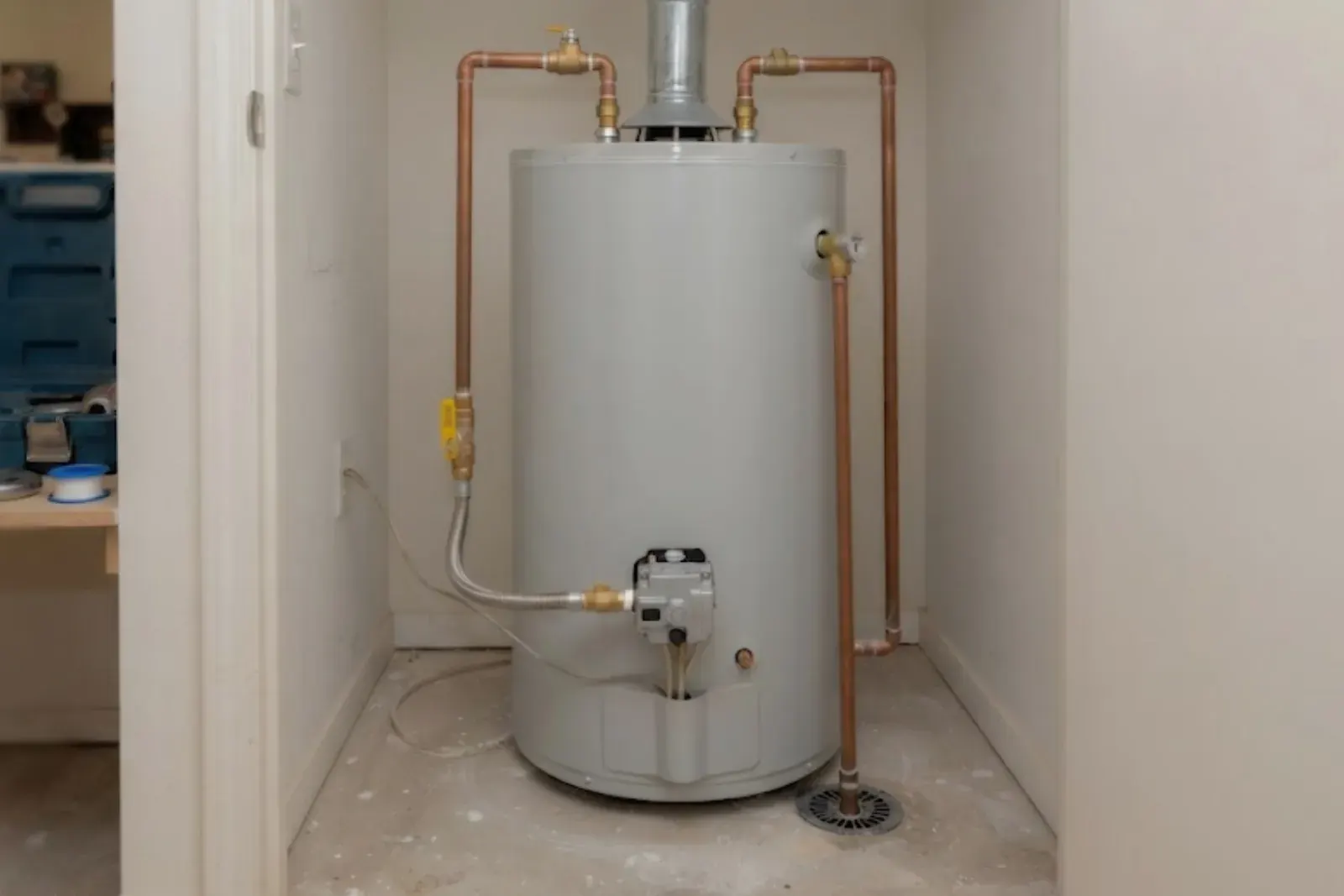Gas tank water heater with copper supply pipes and gas line in a small utility closet