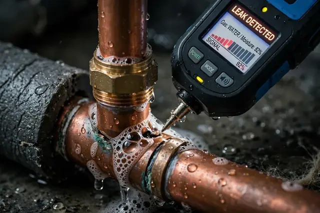 Handheld leak detector probe touching a wet copper pipe fitting