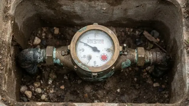 Water meter with brass body and dial inside a concrete meter box