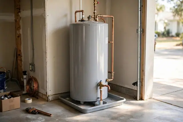 New tank water heater with copper pipes sitting in a drain pan in a garage, a pipe wrench on the floor