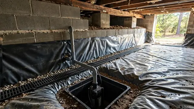 Basement waterproofing system with interior drain channel and sump basin under a plastic vapor barrier