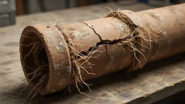 Cracked clay sewer pipe section with tree roots growing through the joint