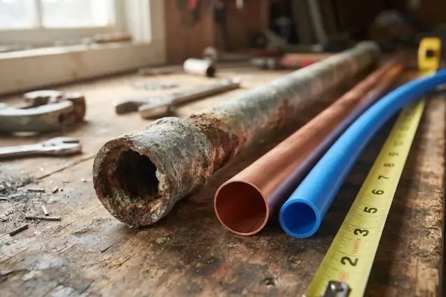 Rusted galvanized pipe, a copper pipe and a blue PEX pipe lying beside a tape measure on a workbench