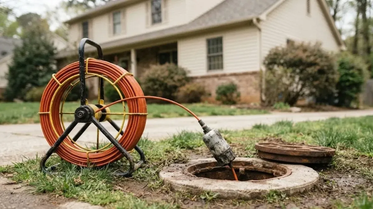 Camera push-rod reel on a lawn with the camera head lowered into an open sewer access cover