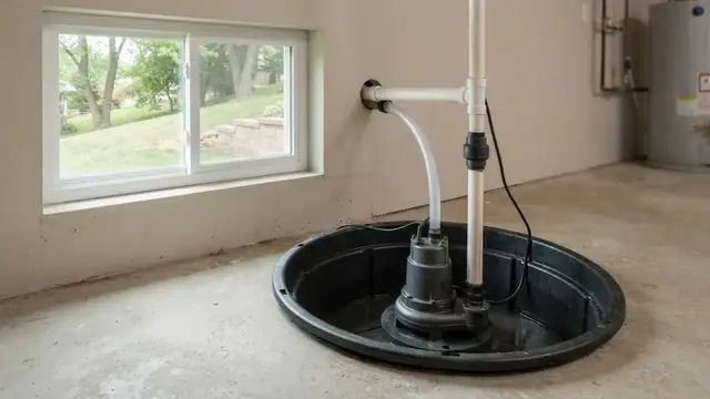 Sump pump with white discharge pipe in a black basin set into a basement floor near a window