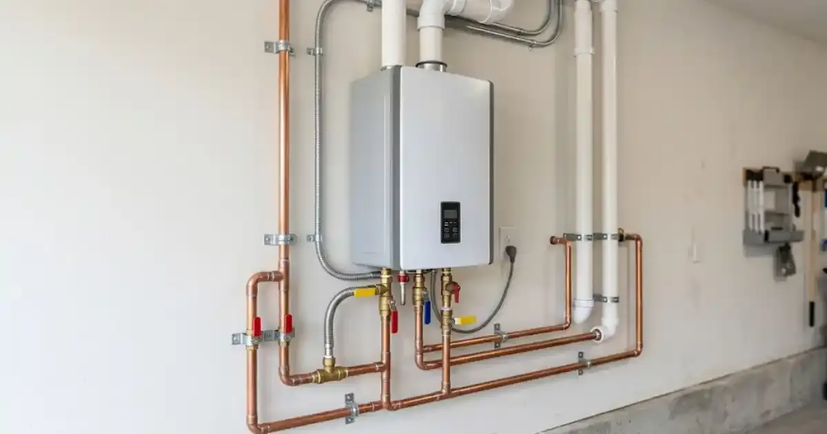 Wall-mounted tankless water heater with copper supply lines, gas line and white vent pipes in a garage