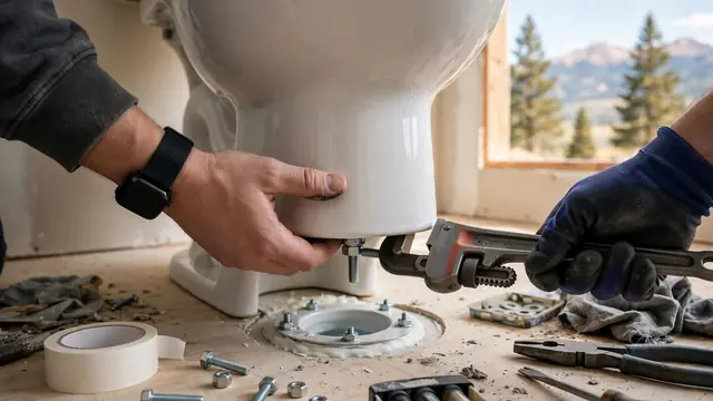 Hands setting a toilet onto its floor flange with a pipe wrench and bolts nearby