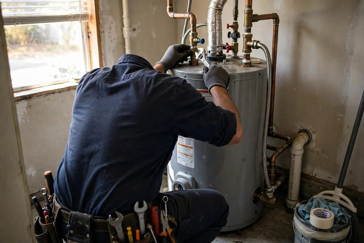 Plumber in dark work shirt tightening fittings on top of a new tank water heater with a wrench